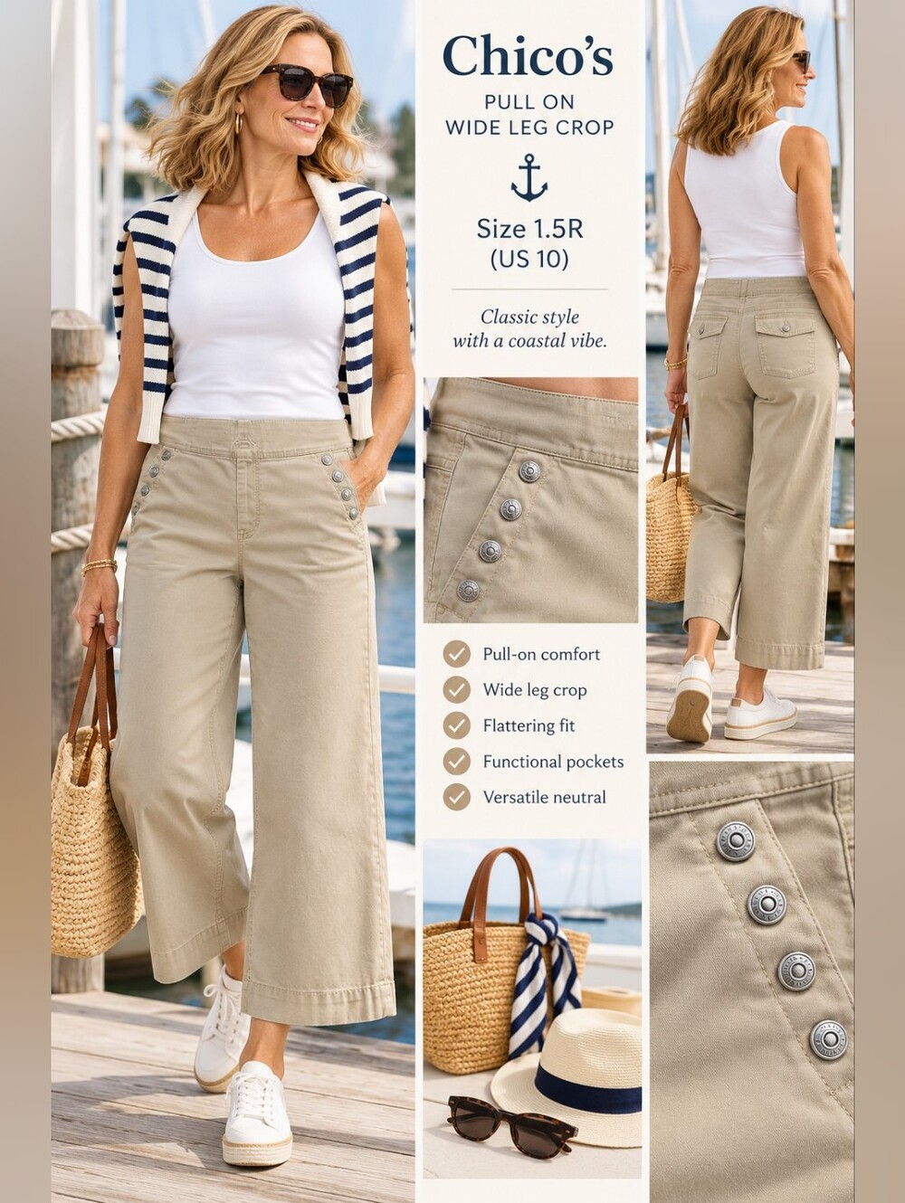 CHICO’S PULL ON WIDE LEG CROP KHAKI PANTS SIZE 1.5R / US 10